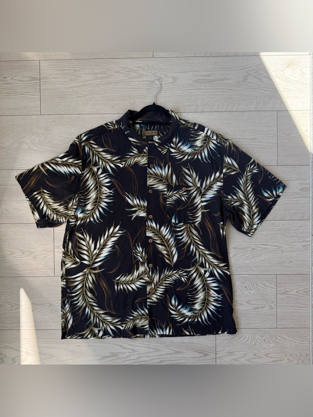 Scala Milano 100% Silk Hawaiian Leaf Summer Short Sleeve Button Up Shirt Mens XL